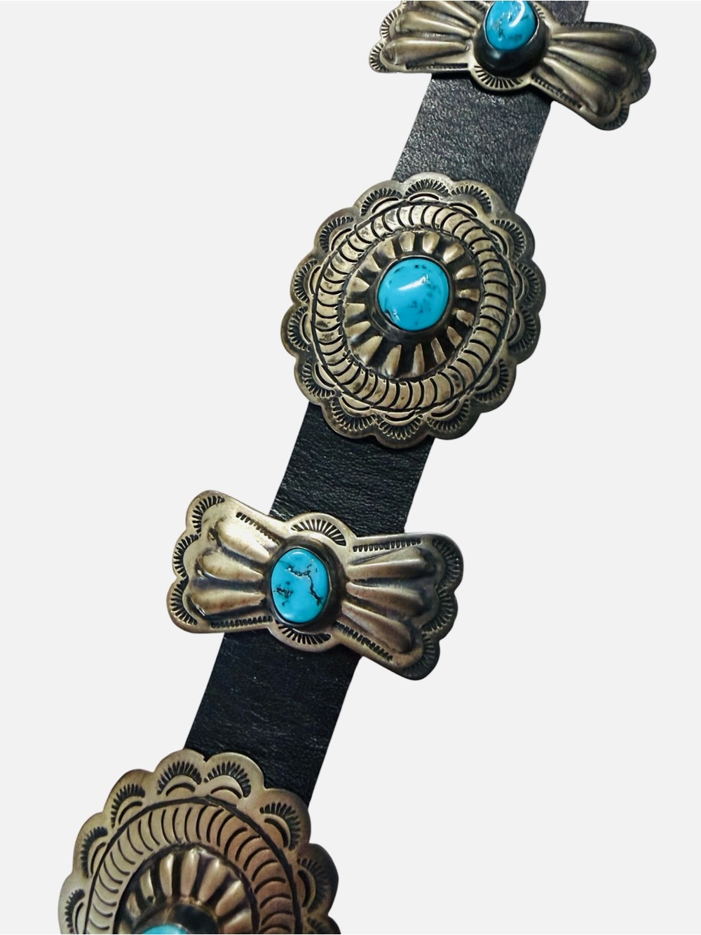 Vintage Sterling Silver Turquoise Navajo Style Concho Belt Stamped JE - Picture 5 of 9